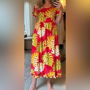 Vintage Mamo Howell Hawaii Tropical Monstera Print Rayon Midi Dress Red Yellow L